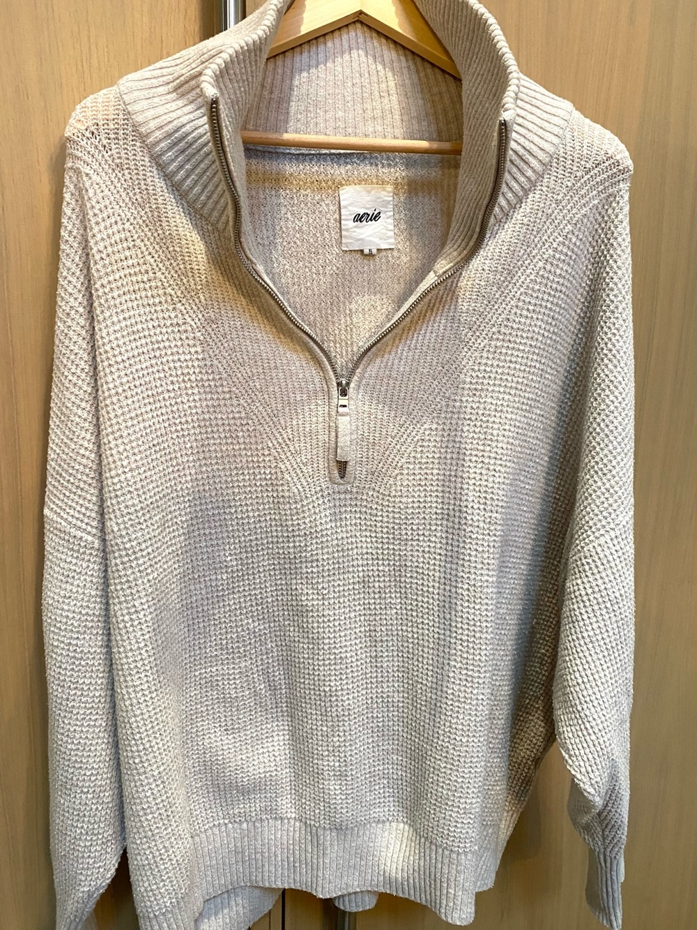 Aerie Beige Quarter-Zip Knit Sweater